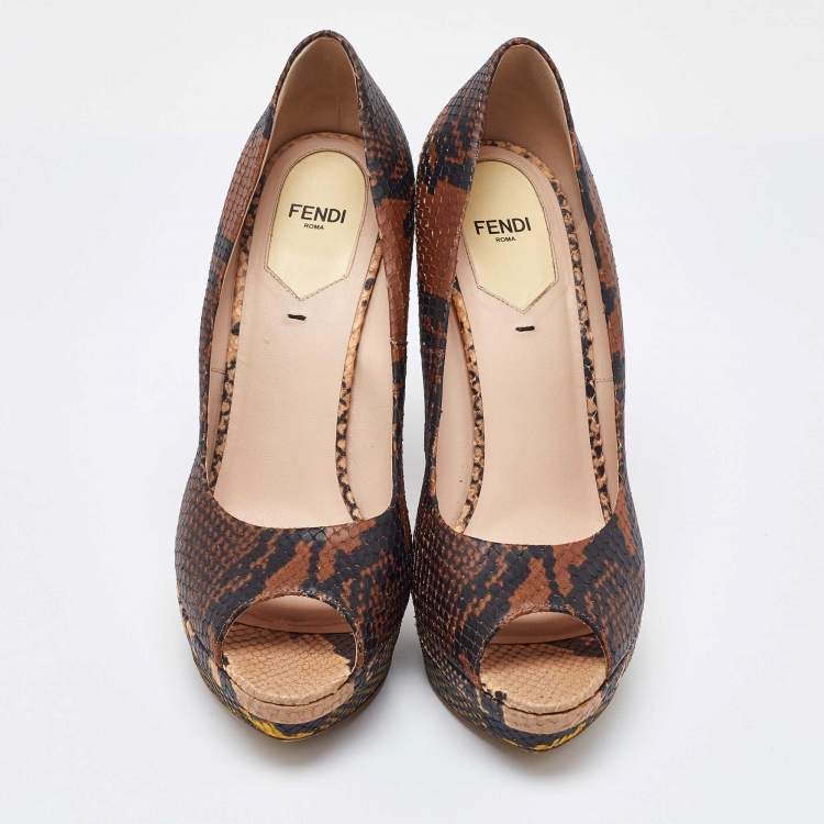 Pre Owned Fendi Multicolor Python Embossed Leather Peep Toe Platform Pumps Size 40