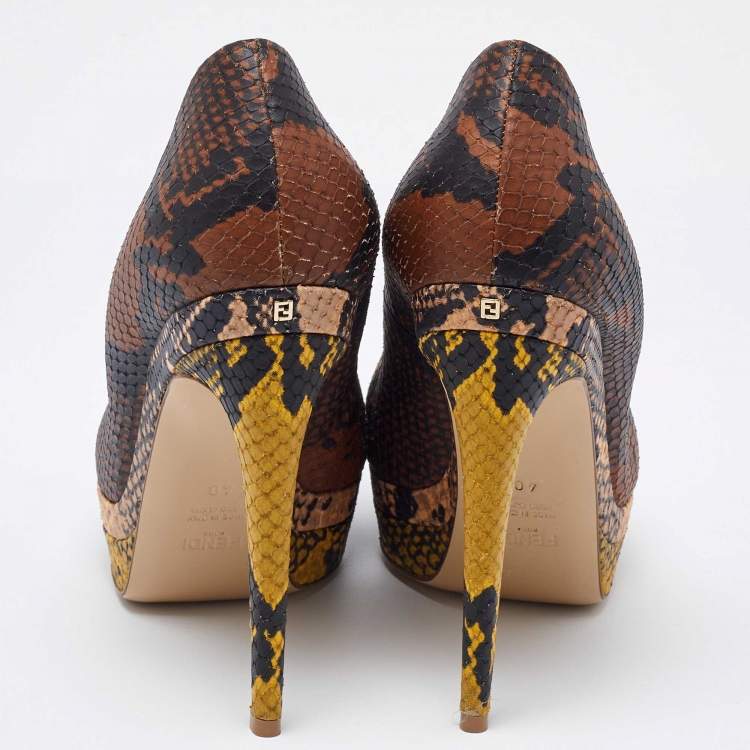 Pre Owned Fendi Multicolor Python Embossed Leather Peep Toe Platform Pumps Size 40