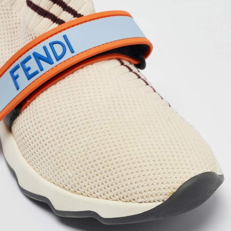 Pre Owned Fendi Cream/Burgundy Knit Fabric Rockoko Sneakers Size 37
