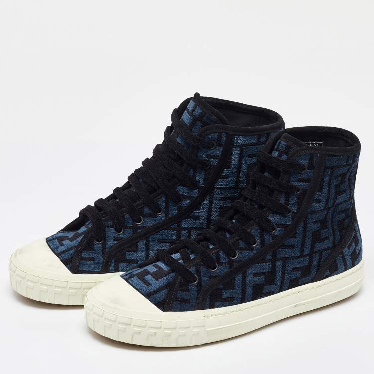Pre Owned Fendi Blue/Black Zucca Velvet Domino Sneakers Size 39