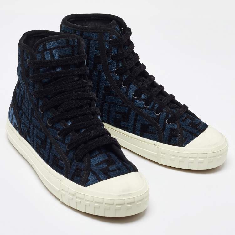 Pre Owned Fendi Blue/Black Zucca Velvet Domino Sneakers Size 39