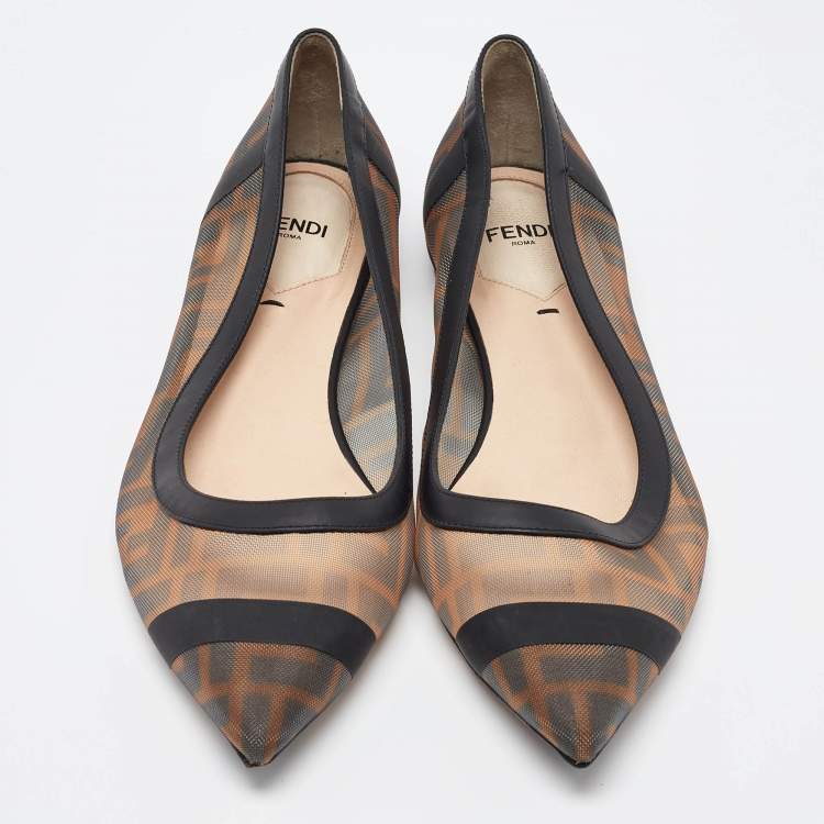 Pre Owned Fendi Brown/Black Zucca Mesh and Leather Colibri Ballet Flats Size 38