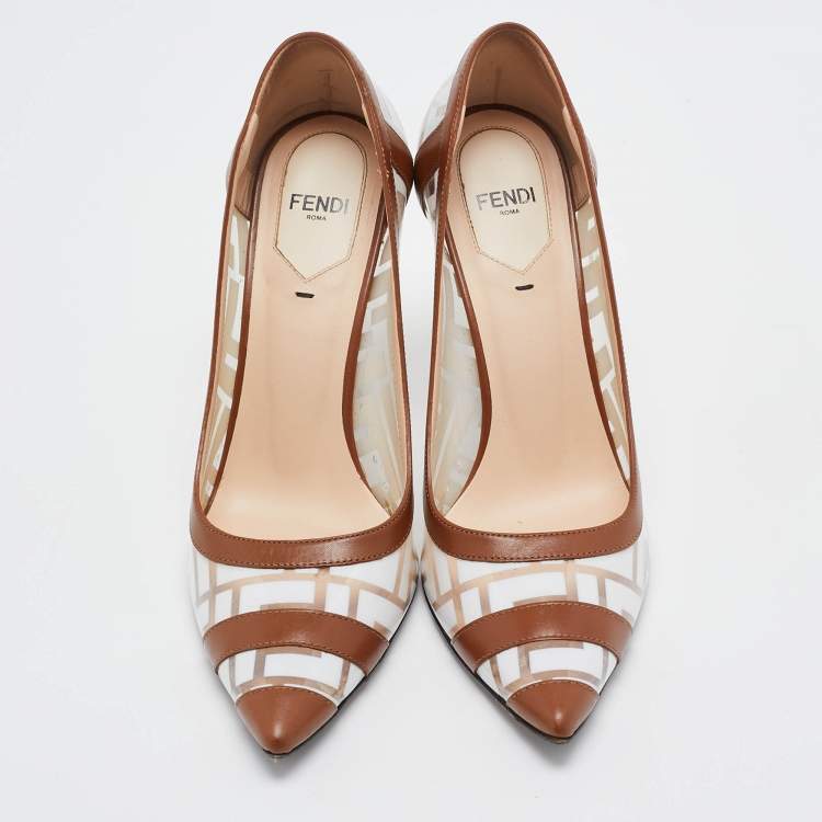 Pre Owned Fendi White/Brown Zucca PVC and Leather Trim Colibri Pointed Toe Pumps Size 37