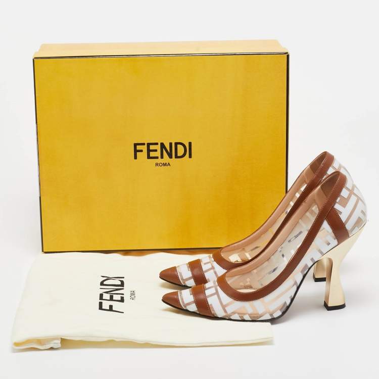Pre Owned Fendi White/Brown Zucca PVC and Leather Trim Colibri Pointed Toe Pumps Size 37