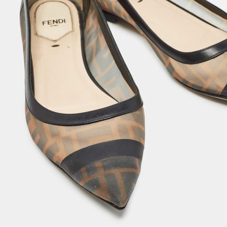 Pre Owned Fendi Black/Beige Mesh and Leather Colibri Ballet Flats Size 38