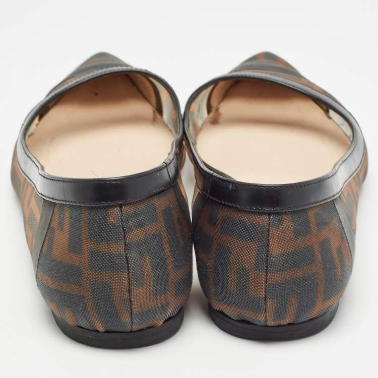 Pre Owned Fendi Black/Beige Mesh and Leather Colibri Ballet Flats Size 38