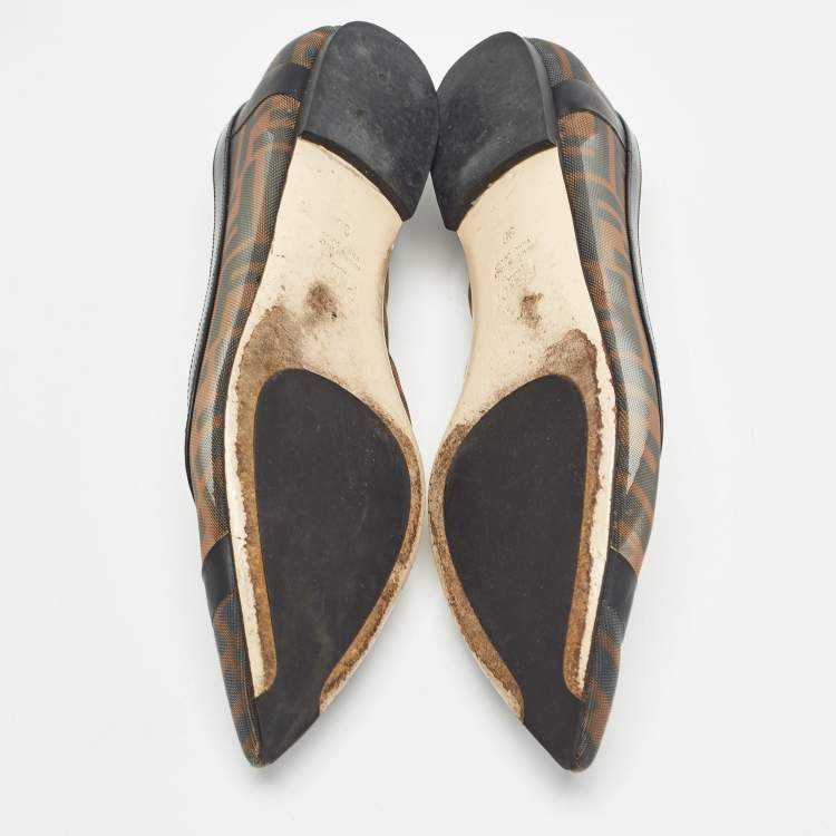 Pre Owned Fendi Black/Beige Mesh and Leather Colibri Ballet Flats Size 38