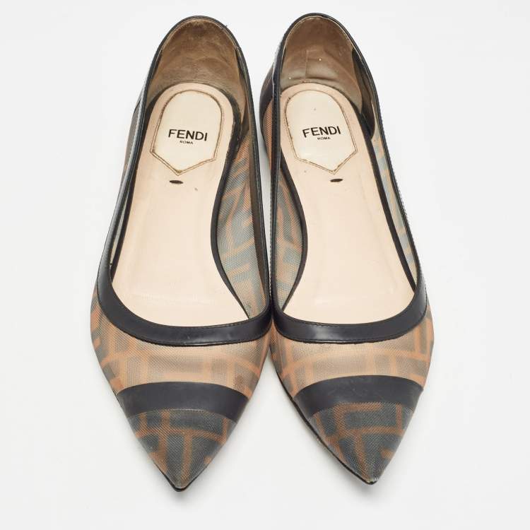 Pre Owned Fendi Black/Beige Mesh and Leather Colibri Ballet Flats Size 38
