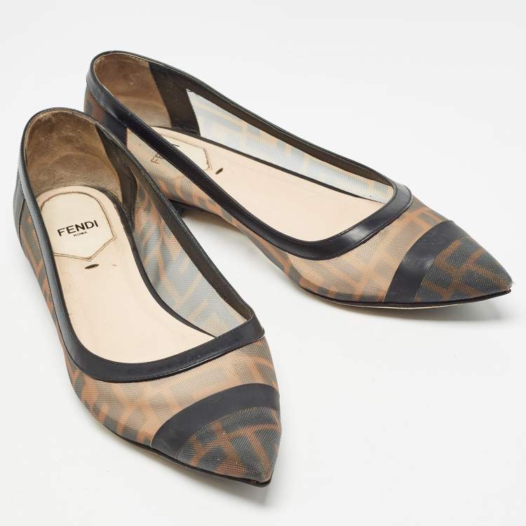 Pre Owned Fendi Black/Beige Mesh and Leather Colibri Ballet Flats Size 38
