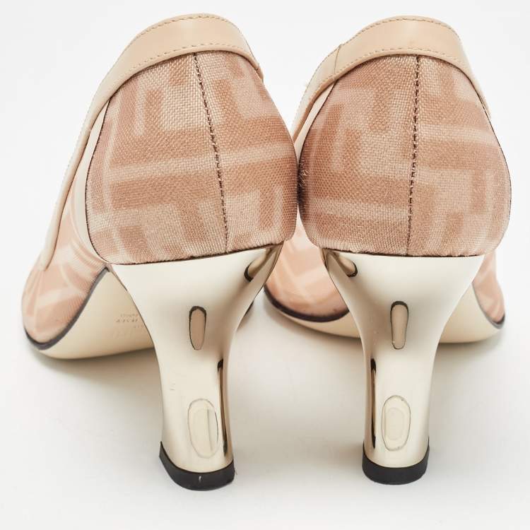 Pre Owned Fendi Beige/Brown Zucca Mesh and Leather Colibri Pumps Size 35