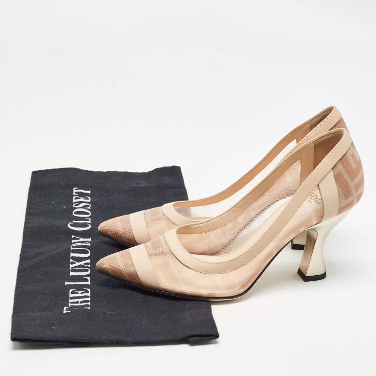 Pre Owned Fendi Beige/Brown Zucca Mesh and Leather Colibri Pumps Size 35