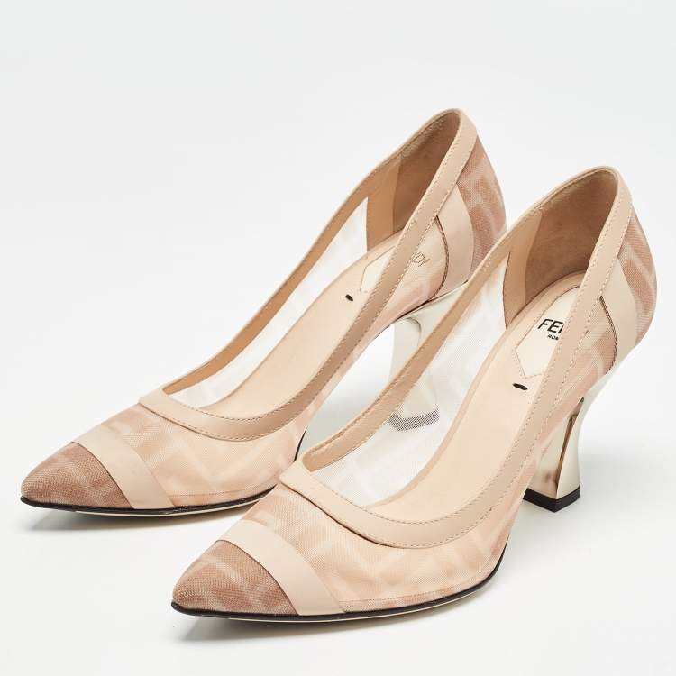 Pre Owned Fendi Beige/Brown Zucca Mesh and Leather Colibri Pumps Size 35