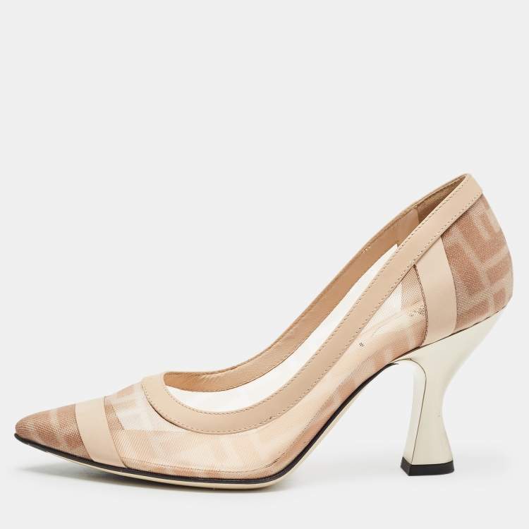 Pre Owned Fendi Beige/Brown Zucca Mesh and Leather Colibri Pumps Size 35
