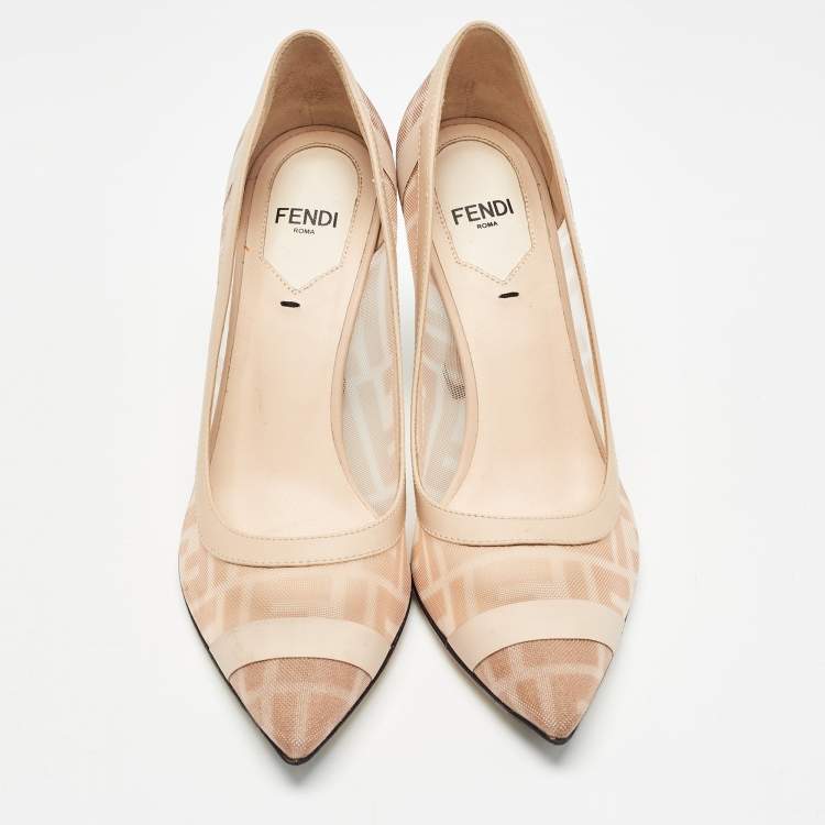Pre Owned Fendi Beige/Brown Zucca Mesh and Leather Colibri Pumps Size 35