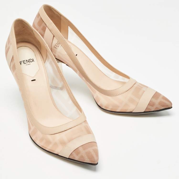 Pre Owned Fendi Beige/Brown Zucca Mesh and Leather Colibri Pumps Size 35