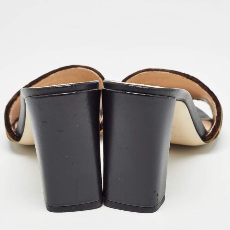 Pre Owned Fendi Brown Velvet FF Logo Slide Sandals Size 37.5
