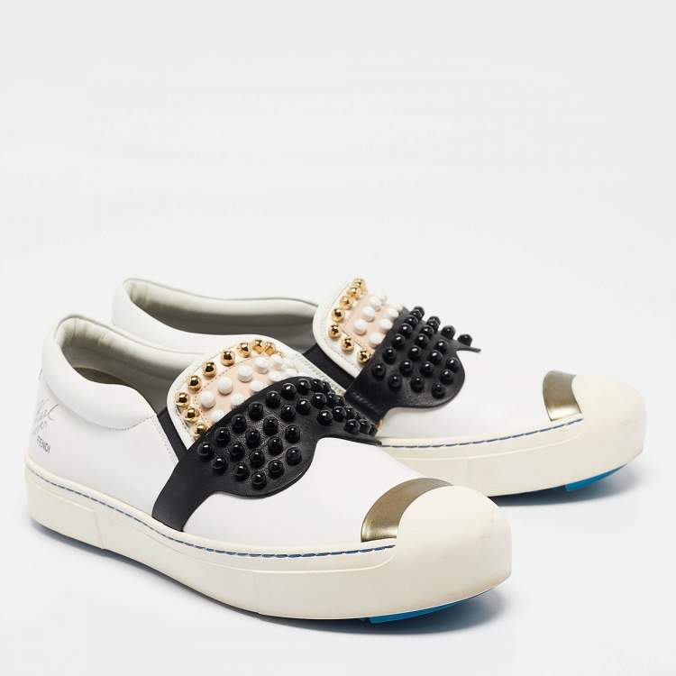 Pre Owned Fendi Black/White Leather Karlito Studded Low Top Sneakers Size 41