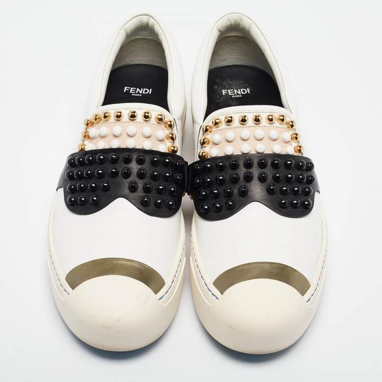 Pre Owned Fendi Black/White Leather Karlito Studded Low Top Sneakers Size 41