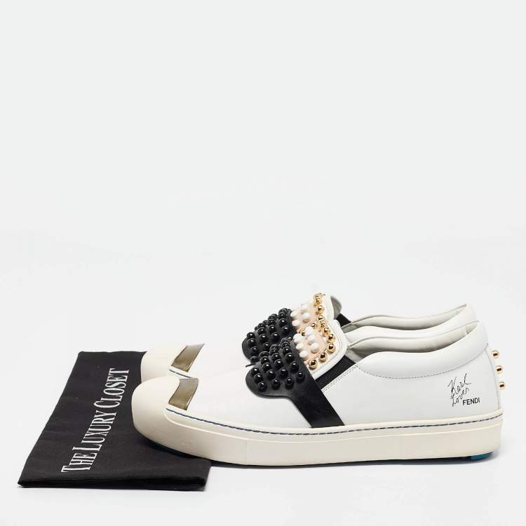 Pre Owned Fendi Black/White Leather Karlito Studded Low Top Sneakers Size 41