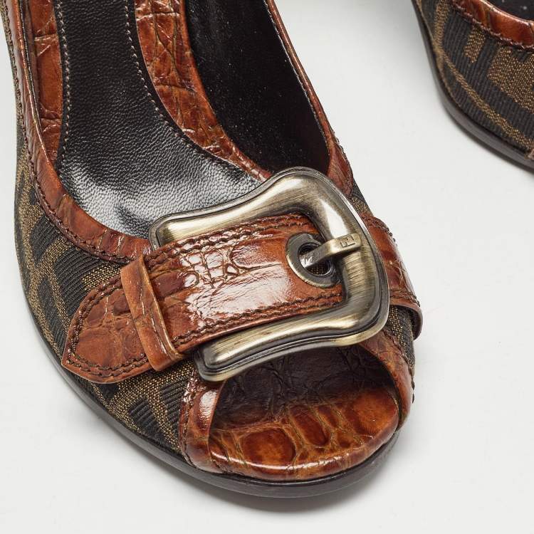 Pre Owned Fendi Brown Crocodile and Canvas Buckle Peep Toe Pumps Size 39