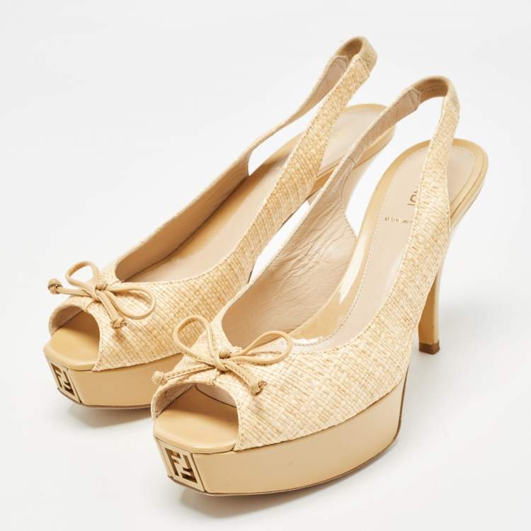 Pre Owned Fendi Beige Patent and Raffia Slingback Pumps Size 39