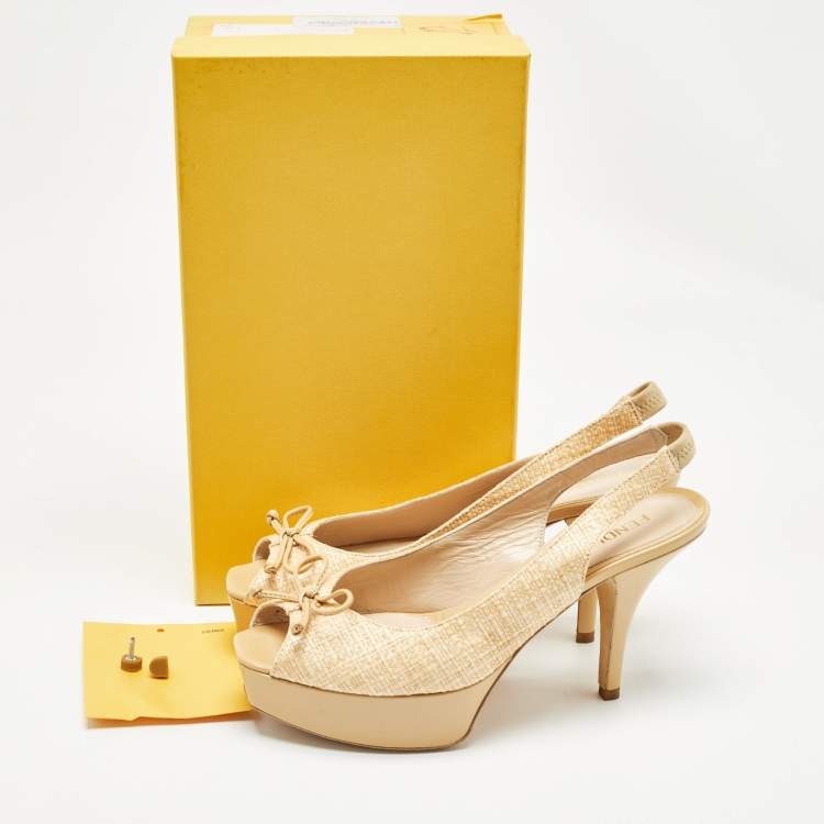 Pre Owned Fendi Beige Patent and Raffia Slingback Pumps Size 39
