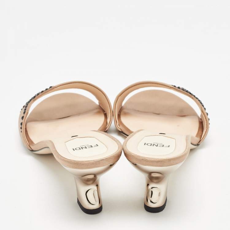 Pre Owned Fendi Beige Satin Crystal Embellished Slide Sandals Size 40 