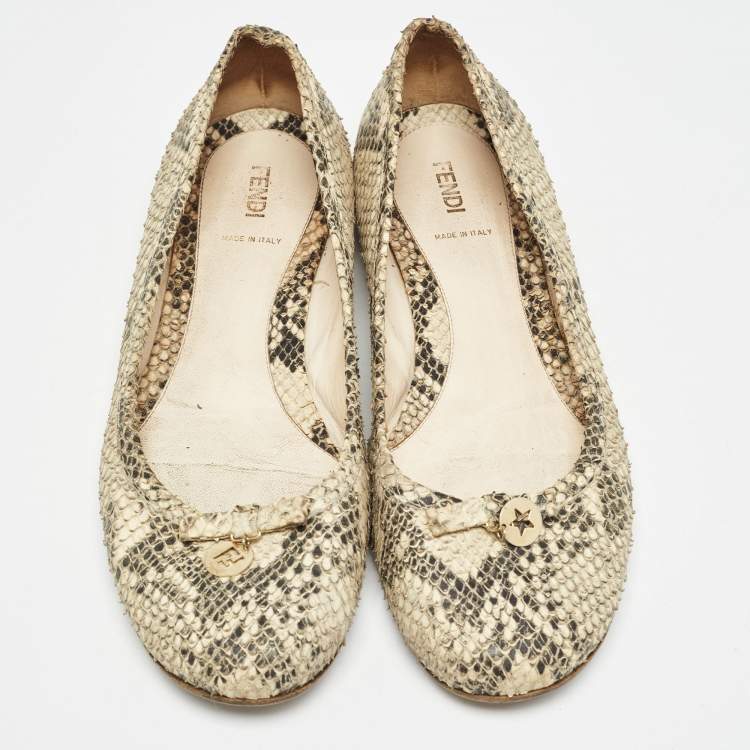 Pre Owned Fendi Beige/Black Embossed Snakeskin Charm Ballet Flats Size 41