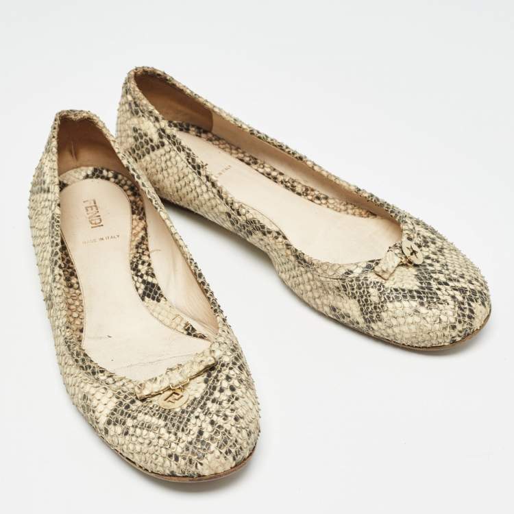 Pre Owned Fendi Beige/Black Embossed Snakeskin Charm Ballet Flats Size 41