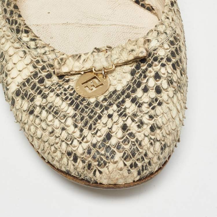 Pre Owned Fendi Beige/Black Embossed Snakeskin Charm Ballet Flats Size 41