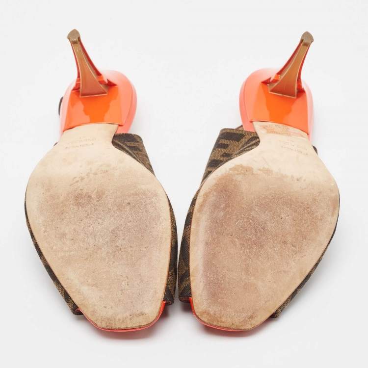 Pre Owned Fendi Brown/Orange Zucca Canvas and Patent Leather Slingback Sandals Size 41