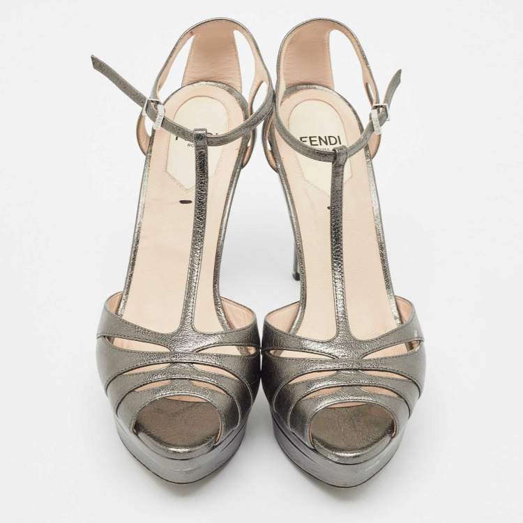 Pre Owned Fendi Metallic Grey Leather Platform T-Strap Sandals Size 36