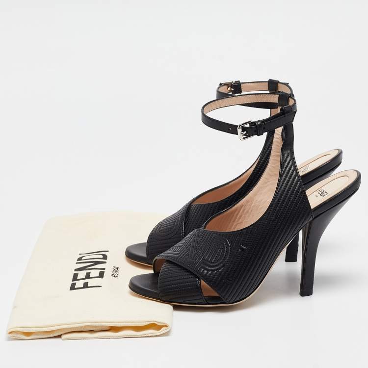 Pre Owned Fendi Black Logo Embossed Leather Slingback Ankle Strap Sandals Size 37