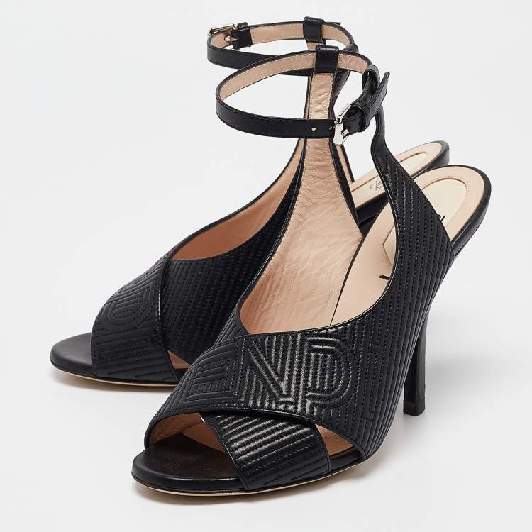 Pre Owned Fendi Black Logo Embossed Leather Slingback Ankle Strap Sandals Size 37