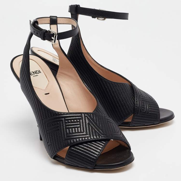 Pre Owned Fendi Black Logo Embossed Leather Slingback Ankle Strap Sandals Size 37