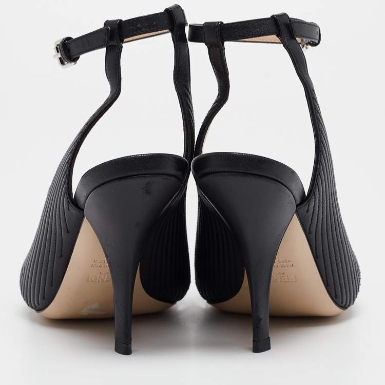Pre Owned Fendi Black Logo Embossed Leather Slingback Ankle Strap Sandals Size 37