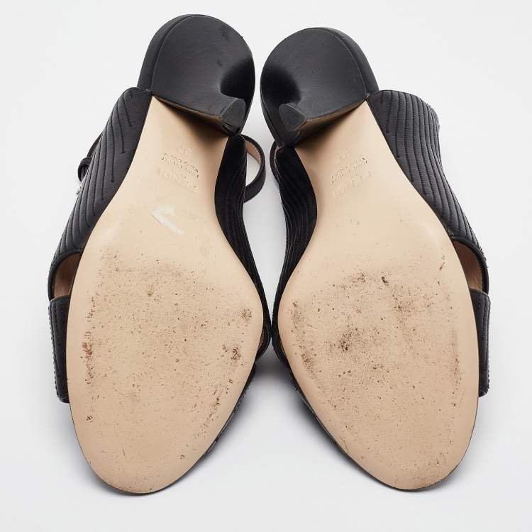 Pre Owned Fendi Black Logo Embossed Leather Slingback Ankle Strap Sandals Size 37
