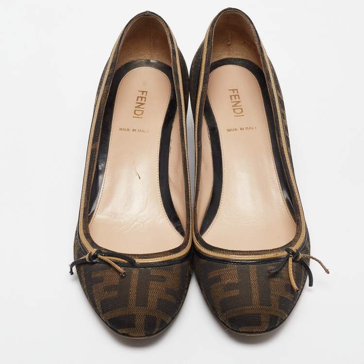 Pre Owned Fendi Brown Zucca Canvas and Leather Bow Wedge Pumps Size 37