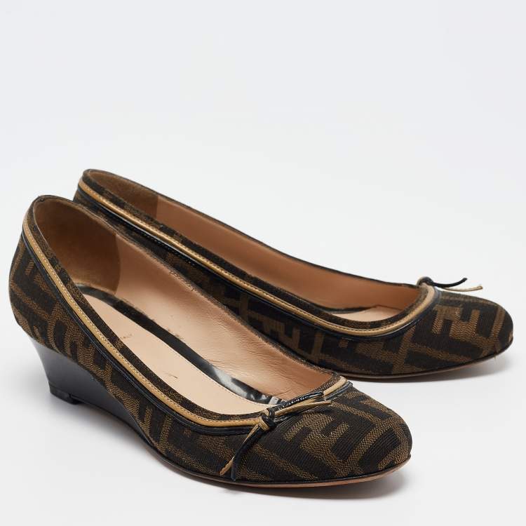 Pre Owned Fendi Brown Zucca Canvas and Leather Bow Wedge Pumps Size 37