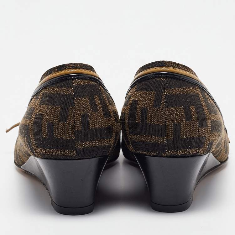 Pre Owned Fendi Brown Zucca Canvas and Leather Bow Wedge Pumps Size 37