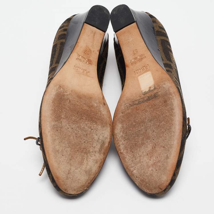 Pre Owned Fendi Brown Zucca Canvas and Leather Bow Wedge Pumps Size 37