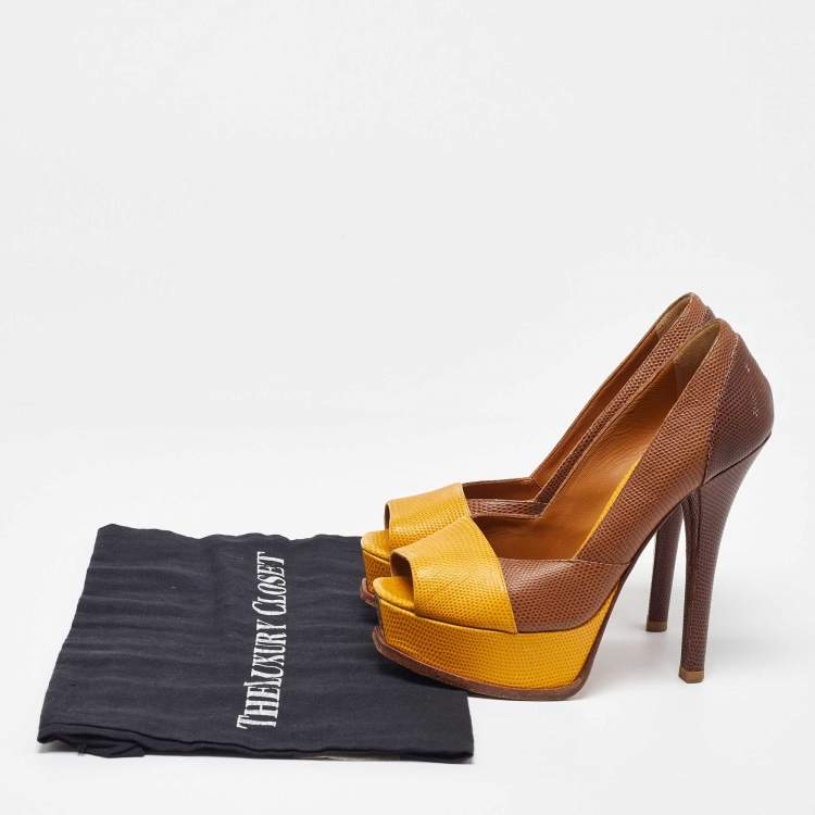 Pre Owned Fendi Tri Color Fendista Colorblock Lizard-Embossed Leather Peep Toe Platform Pumps Size 36