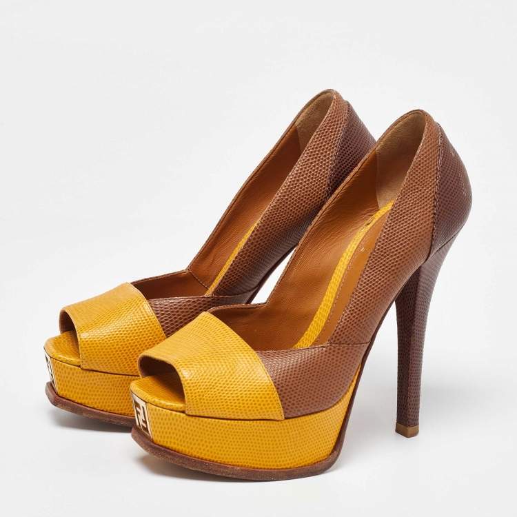 Pre Owned Fendi Tri Color Fendista Colorblock Lizard-Embossed Leather Peep Toe Platform Pumps Size 36