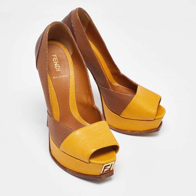 Pre Owned Fendi Tri Color Fendista Colorblock Lizard-Embossed Leather Peep Toe Platform Pumps Size 36