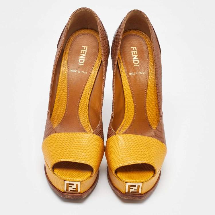 Pre Owned Fendi Tri Color Fendista Colorblock Lizard-Embossed Leather Peep Toe Platform Pumps Size 36
