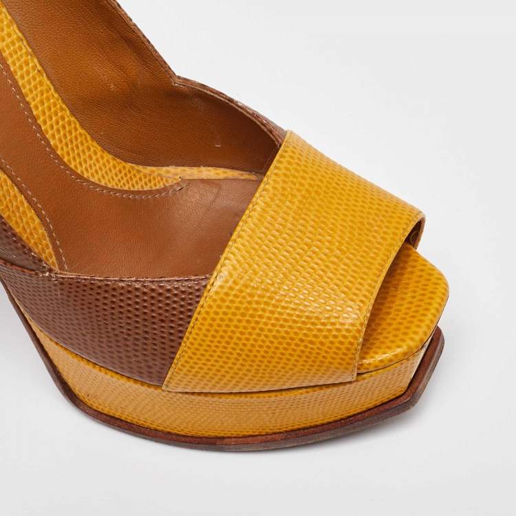 Pre Owned Fendi Tri Color Fendista Colorblock Lizard-Embossed Leather Peep Toe Platform Pumps Size 36