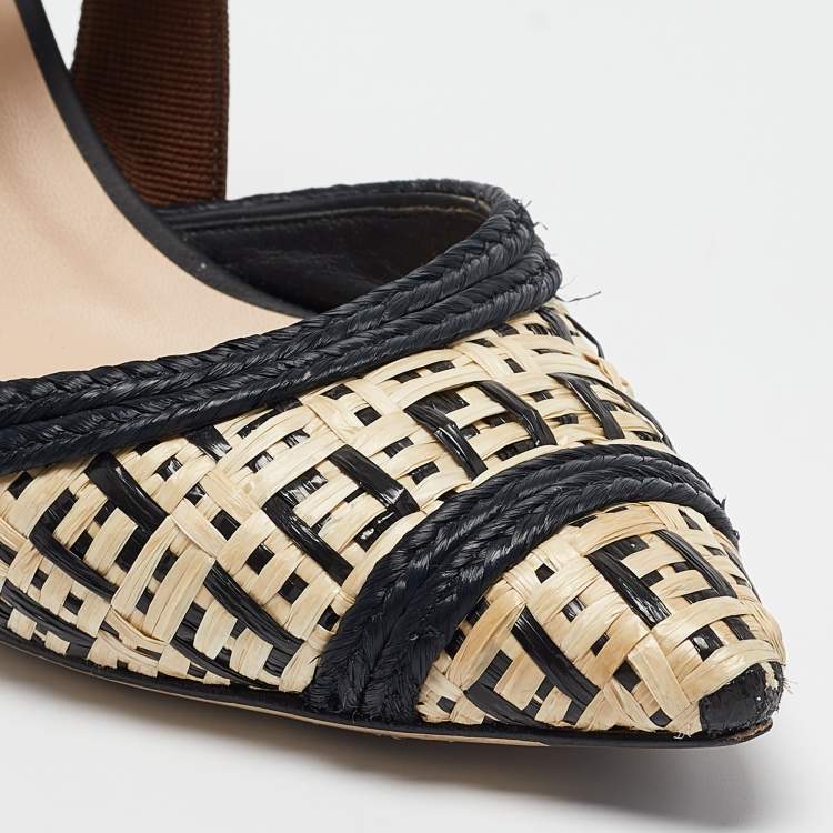 Pre Owned Fendi Beige/Black Woven Raffia Colibri Slingback Pumps Size 38.5