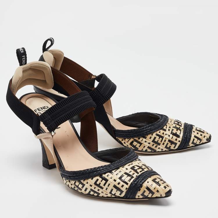Pre Owned Fendi Beige/Black Woven Raffia Colibri Slingback Pumps Size 38.5