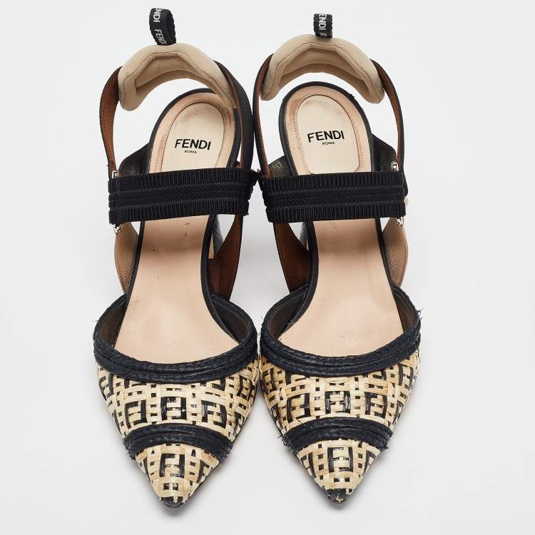 Pre Owned Fendi Beige/Black Woven Raffia Colibri Slingback Pumps Size 38.5