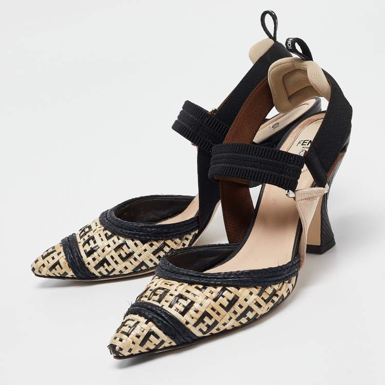 Pre Owned Fendi Beige/Black Woven Raffia Colibri Slingback Pumps Size 38.5